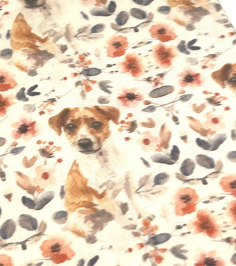 Floral patterned fabric with a Jack Russell dog pattern