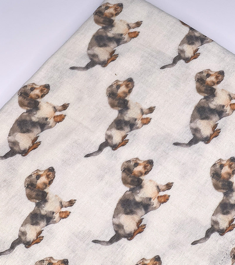Fabric with Dachshund dog pattern on a white background