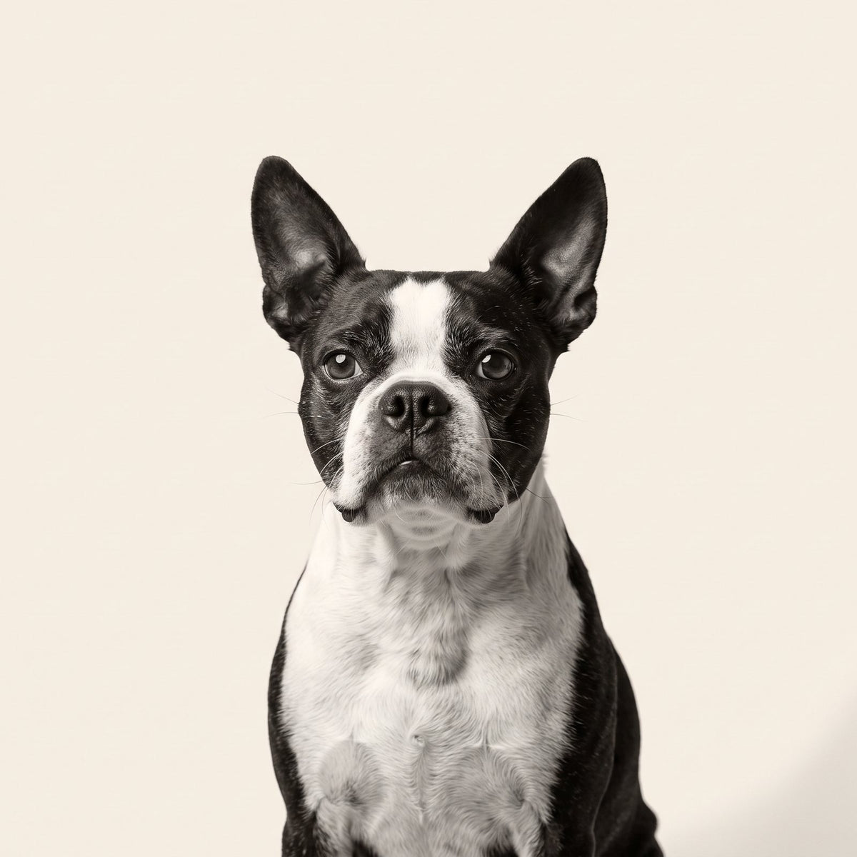 Boston Terrier studio portrait on a cream backdrop