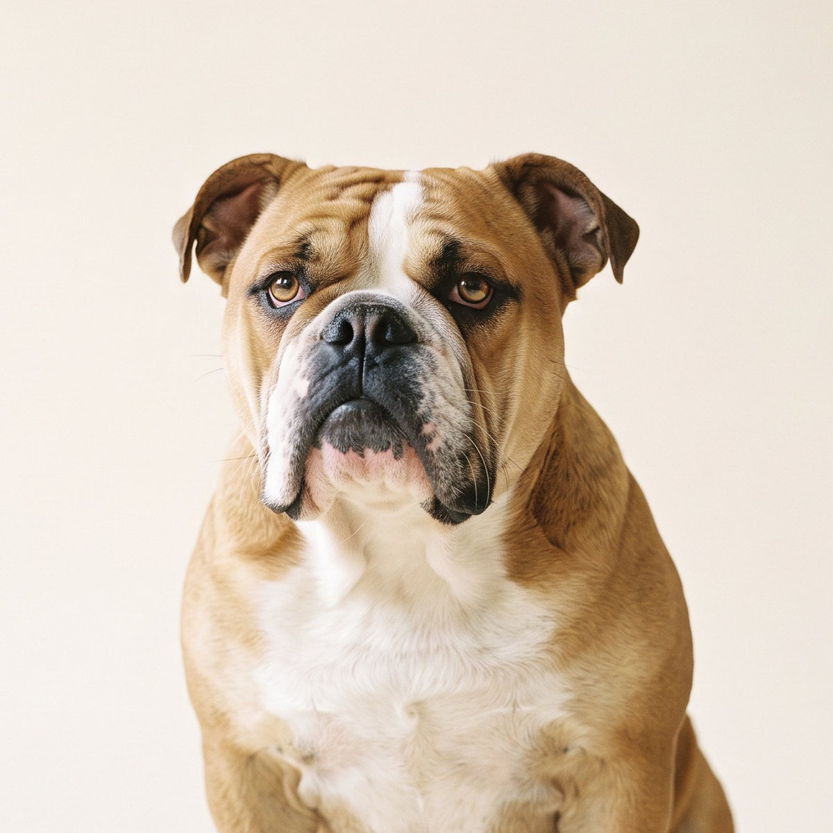 Bulldog studio portrait on a cream backdrop