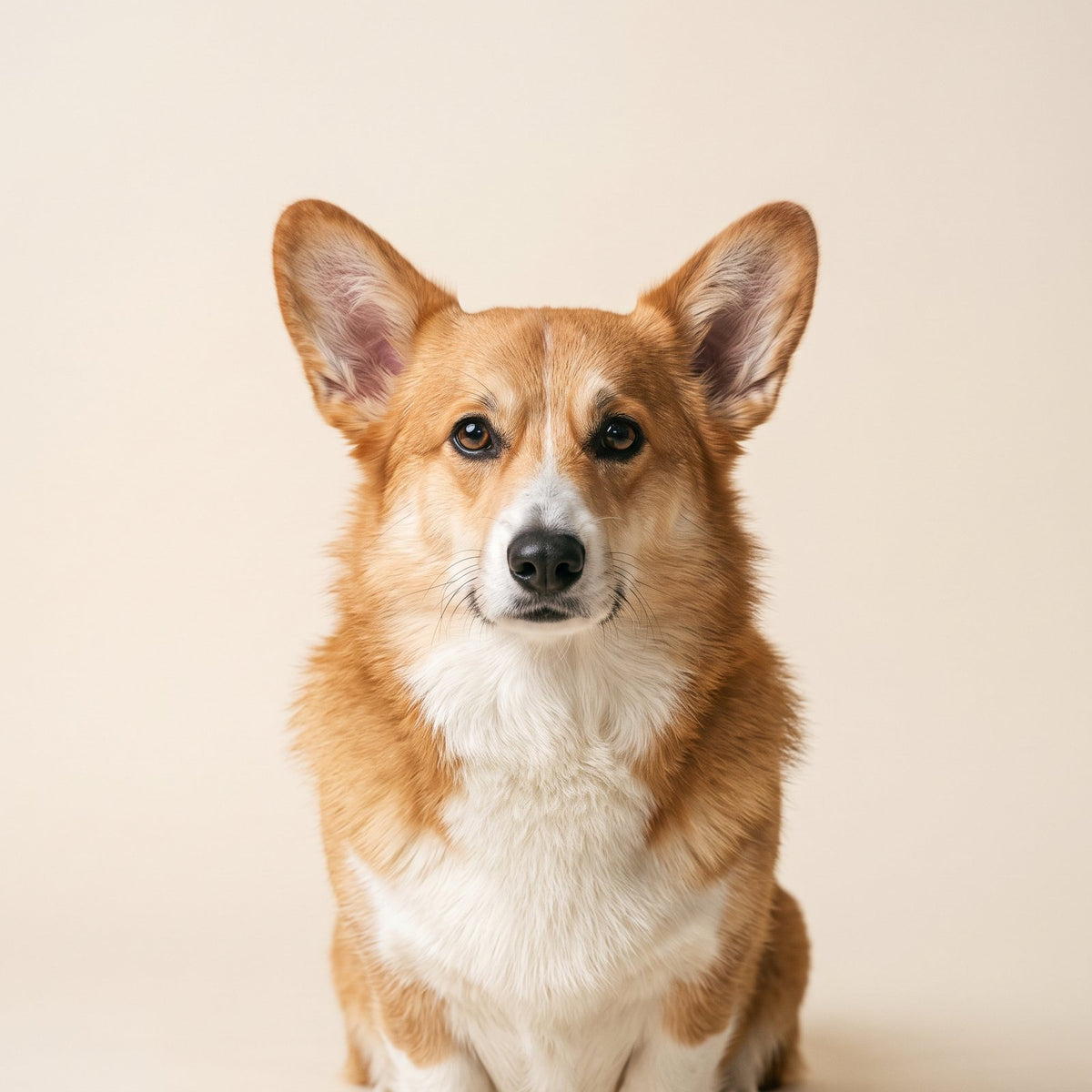 Corgi studio portrait on a cream backdrop