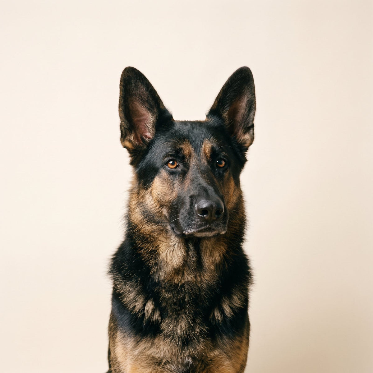 German Shepherd studio portrait on a cream backdrop