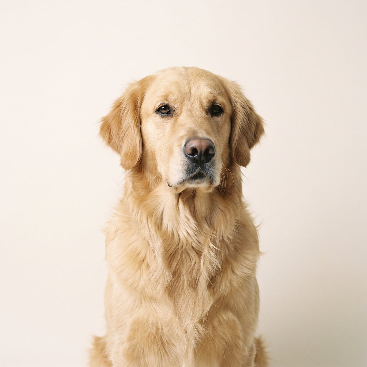 Golden Retriever studio portrait on a cream backdrop
