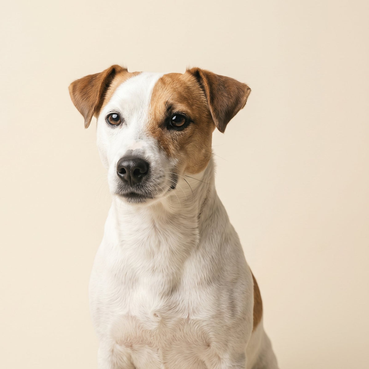 Jack Russell studio portrait on a cream backdrop