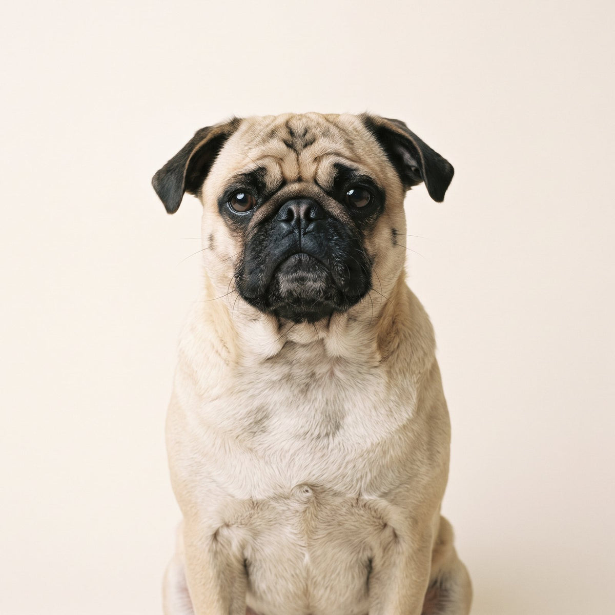 Pug studio portrait on a cream backdrop