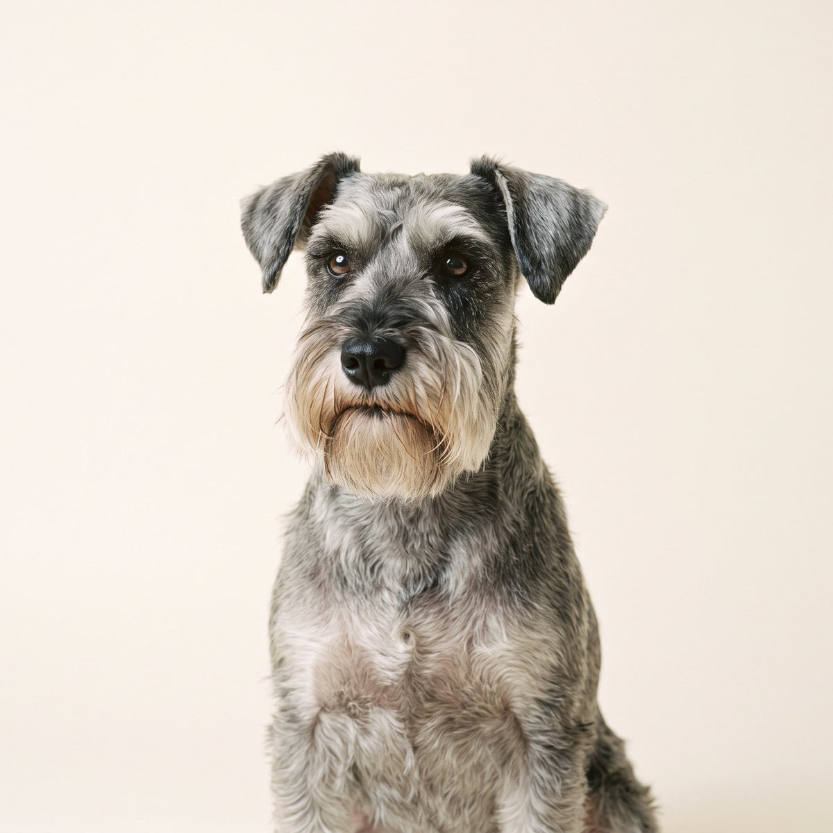 Schnauzer studio portrait on a cream backdrop