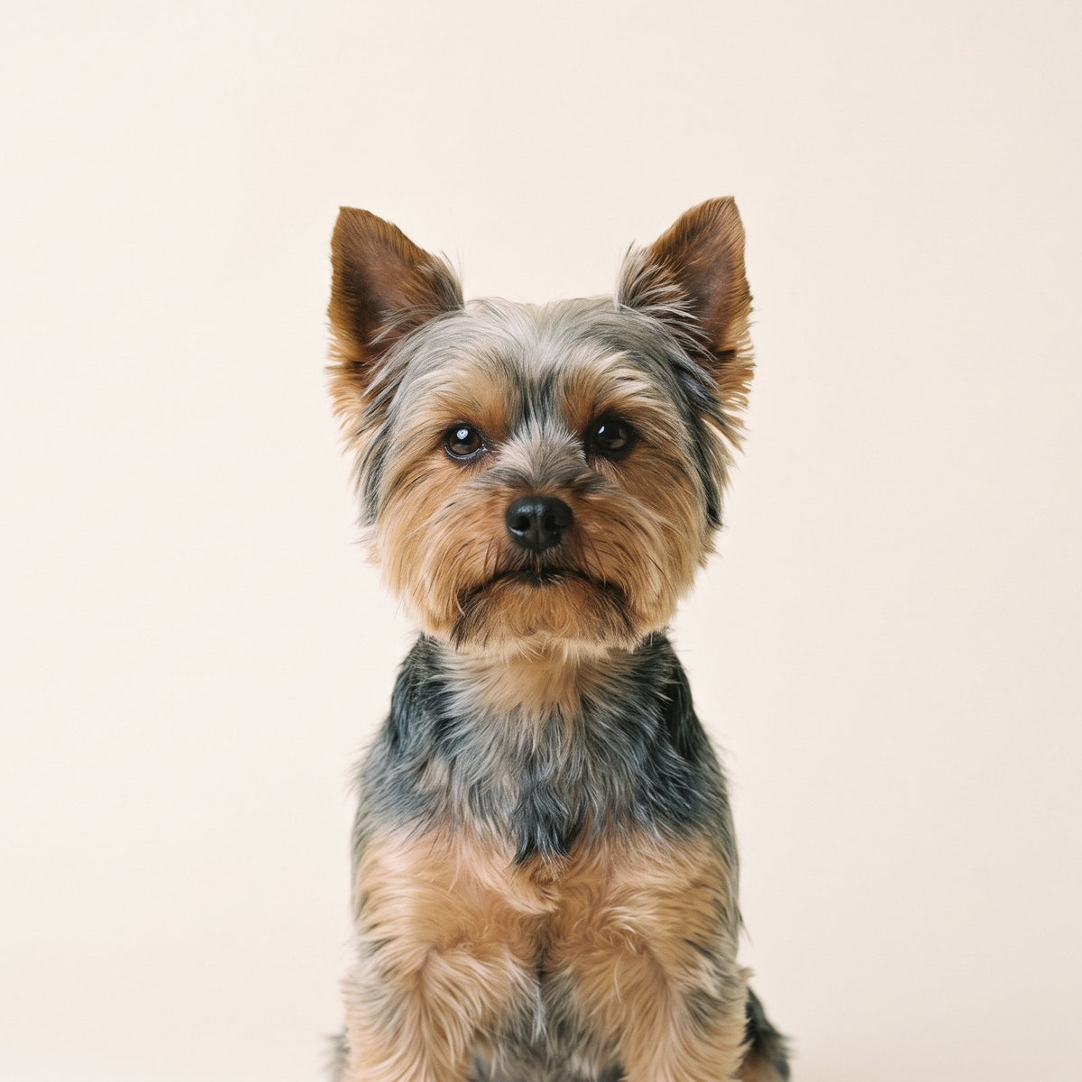 Yorkshire Terrier studio portrait on a cream backdrop