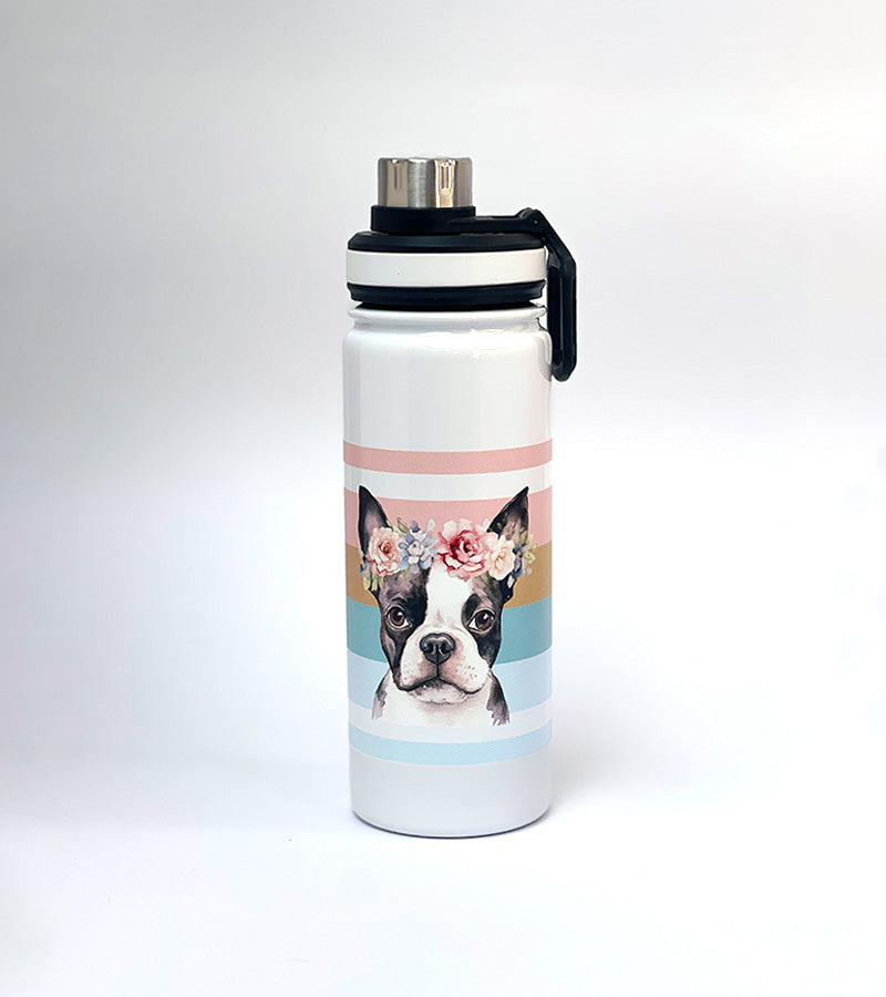 Water bottle with a Boston Terrier dog design on a white background