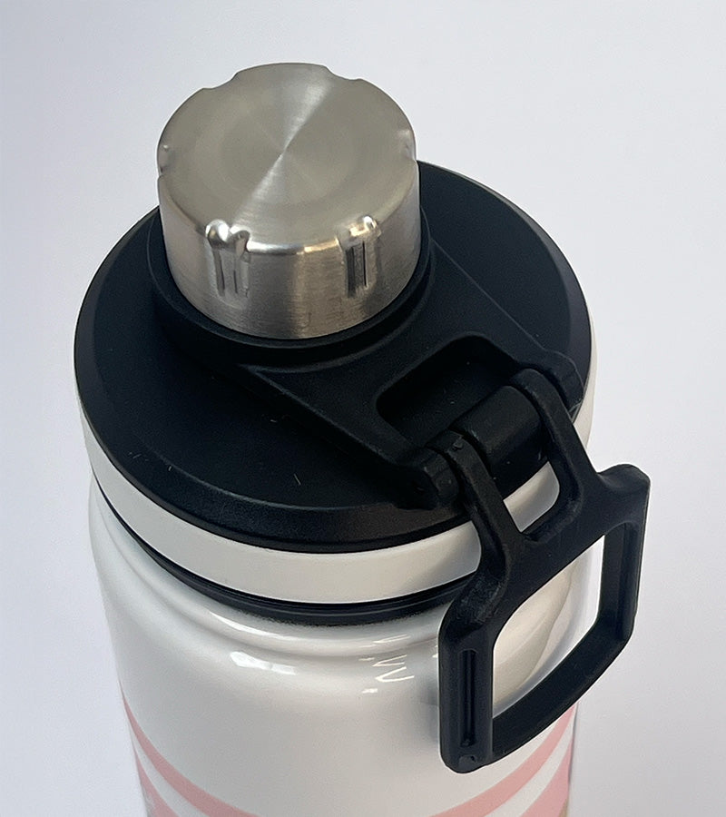 Close-up of a white water bottle with a black handle and silver cap on a plain background