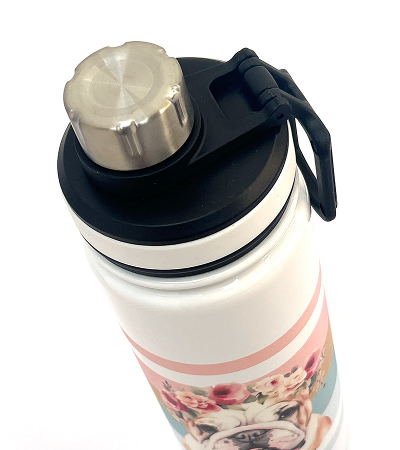 White water bottle with floral design and black lid on a white background