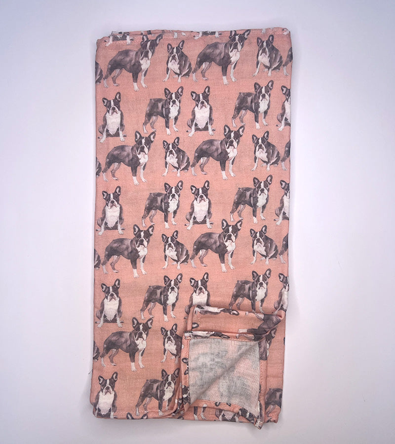 Coral scarf with a pattern of Frenchie dogs on a pink background