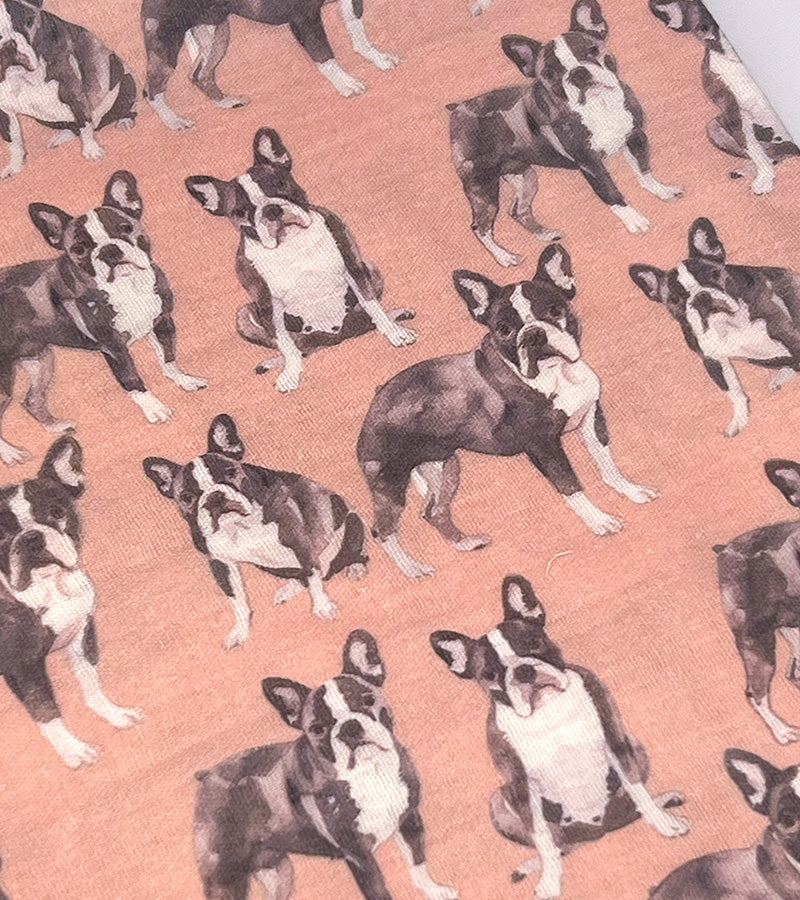 Pattern of Boston Terriers on coral fabric