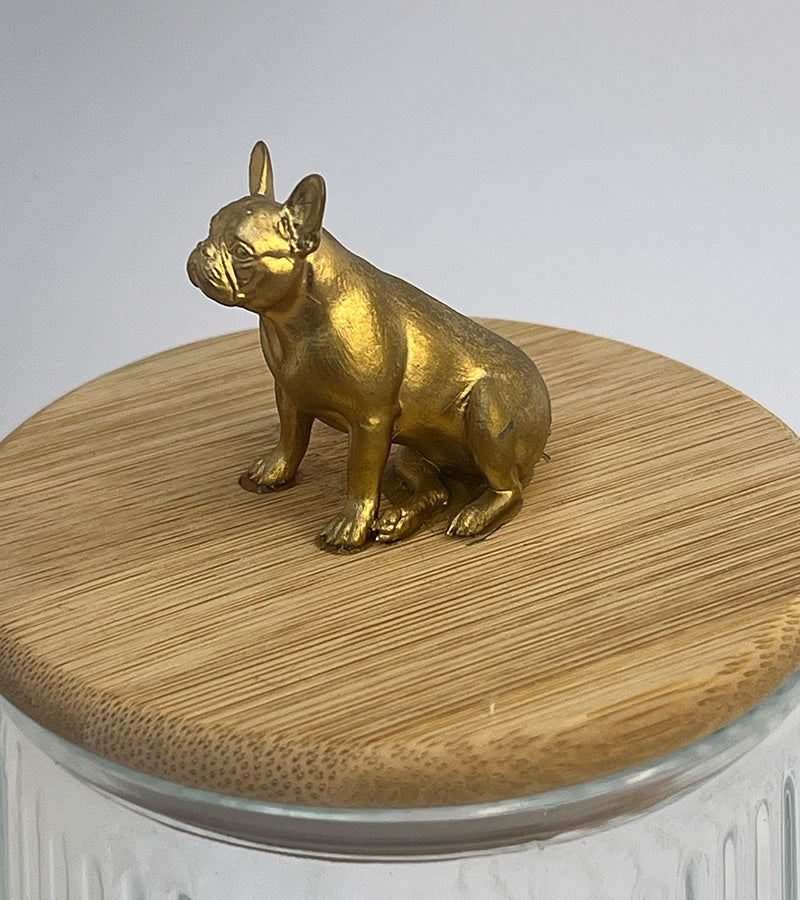 Gold bulldog figurine on a wooden lid with a white background