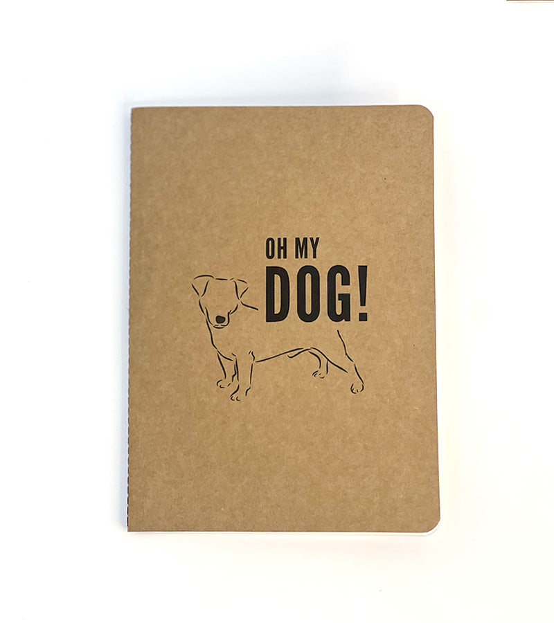 Brown paper notebook with a dog illustration and 'Oh my DOG!' text on a white background