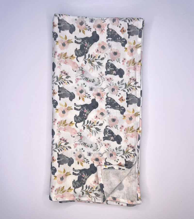 Scarf with floral and dog pattern on white background