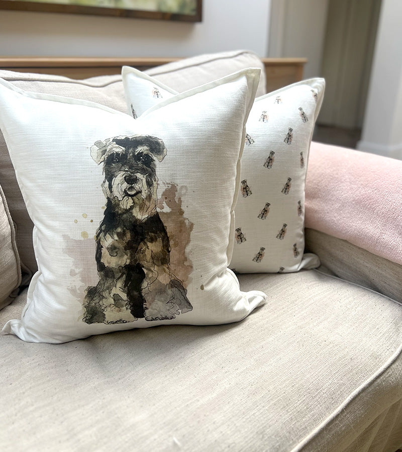 Schnauzer dog designs on white cushions