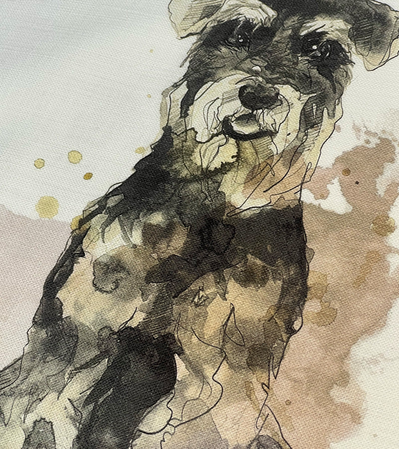 Artistic illustration of a Schnauzer dog with watercolor textures