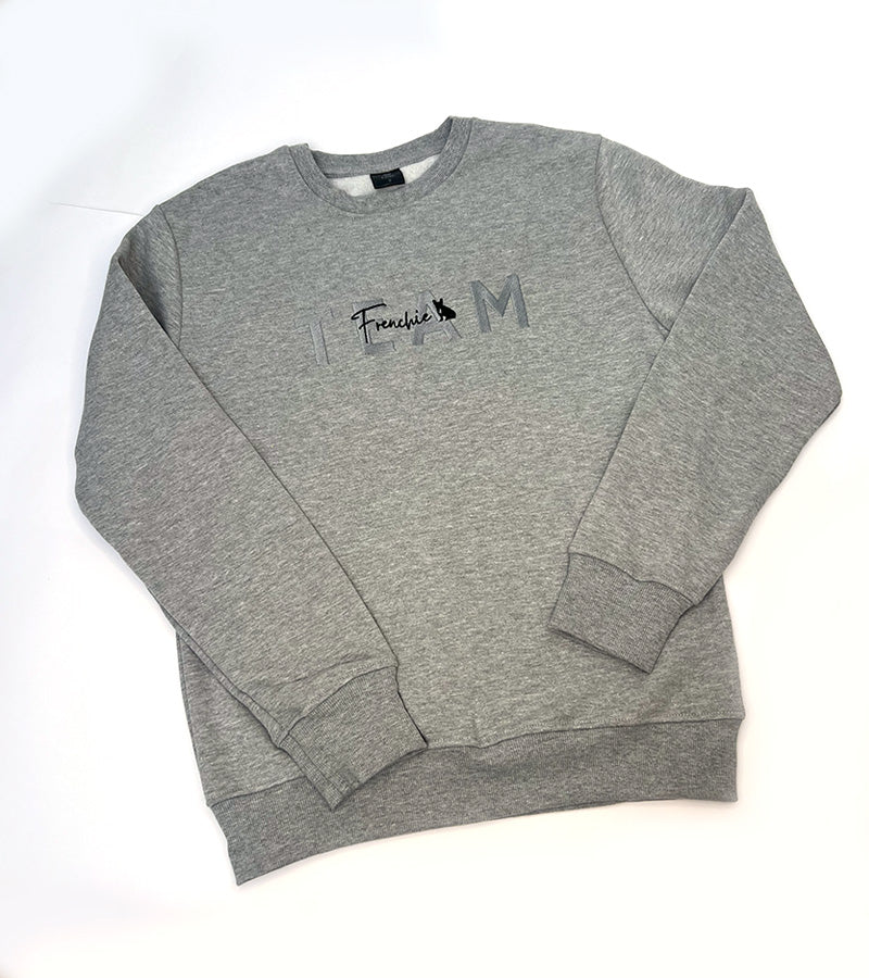 Gray sweatshirt with 'TEAM Frenchie' text and dog silhouette image on a plain background