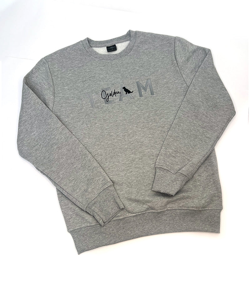 Gray sweatshirt with 'TEAM Golden Retriever' text and dog silhouette image on a plain background