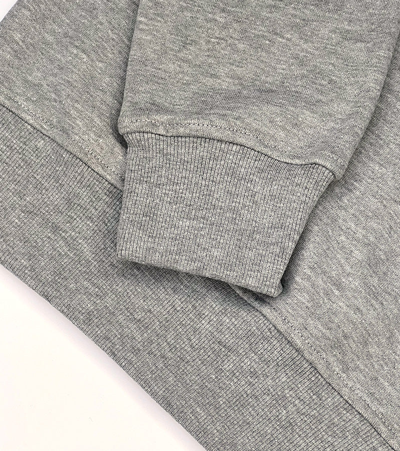 Close-up of a gray fleece jacket with a focus on the sleeve and fabric texture.