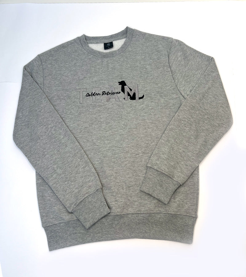Gray sweatshirt with 'TEAM Golden Retriever' text and dog silhouette image on a plain background