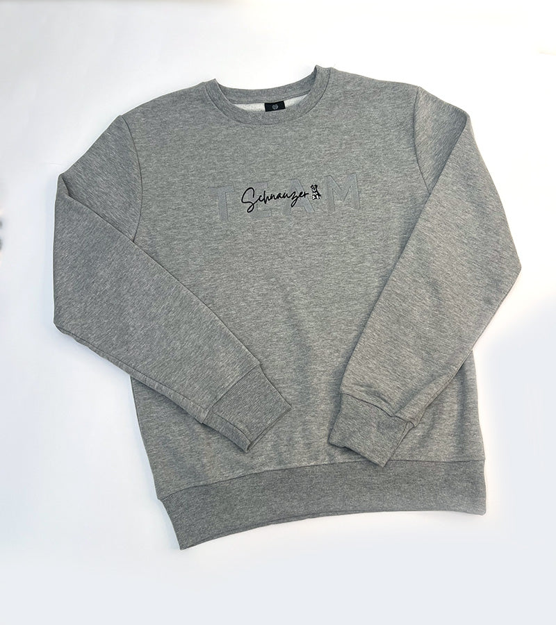 Gray sweatshirt with a embroidered text 'Team Schnauzer' on a white background