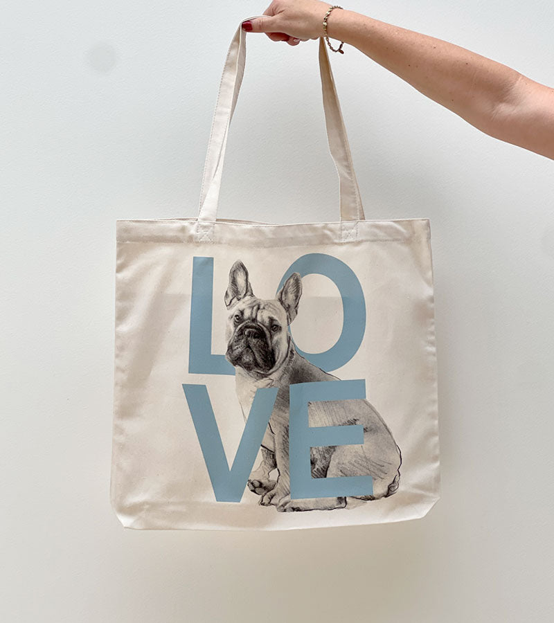 Frenchie Blue LOVE Tote Bag