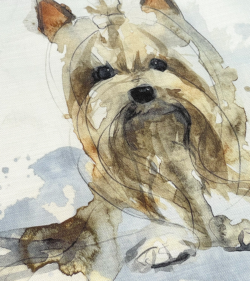 Artistic depiction of a Yorkie dog with watercolor textures on a cushion